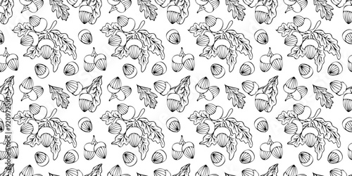 Vector seamless pattern with outlines of acorns in doodle style. Line art autumn background. Thanksgiving design. Concept of forest, leaf fall, nature.