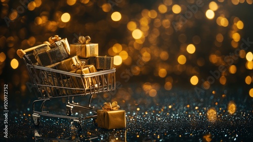 Golden Gift Shopping Cart on Sparkling Background