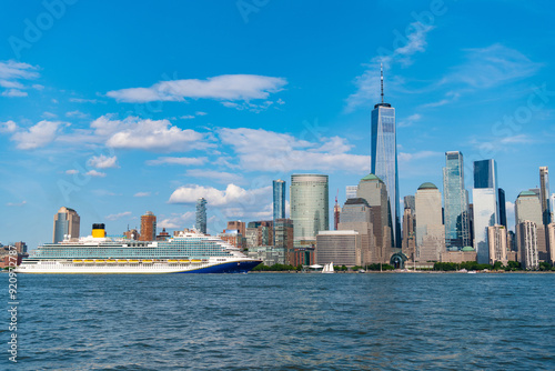 Cruise ship York. Skyline of New York Manhattan cruising on the Hudson River cruise liner. New york cruise lines ships vacation