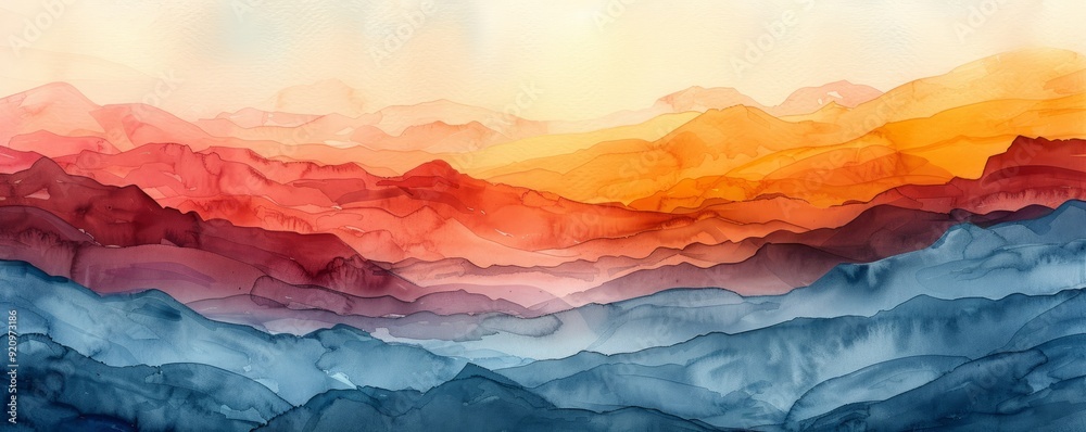 Watercolor abstract sunrise over hills with light rays on white. Watercolor abstract sunrise over hills with light rays on white.