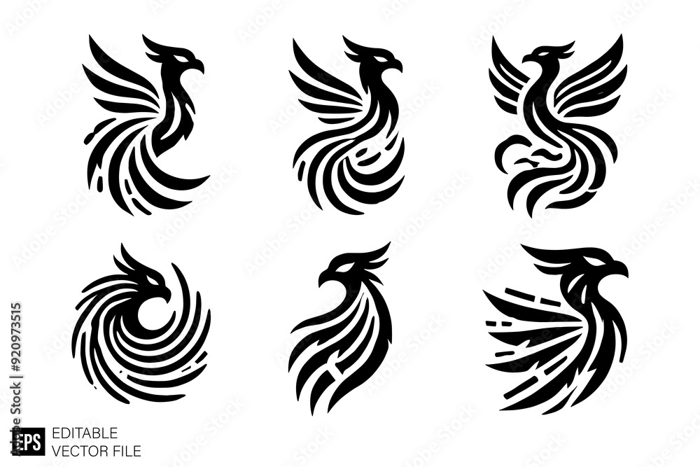 Fototapeta premium set of phoenix Black and White Vector Silhouette Illustrations Clip Art Graphic Design Elements