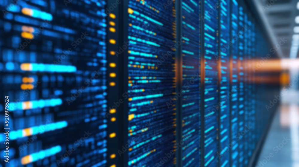 A blurred perspective shot of a data center server room with glowing blue lights, showcasing modern technology infrastructure and data storage. A blurred perspective shot of a data center server room with glowing blue lights, showcasing modern technology infrastructure and data storage.