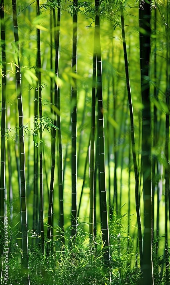 Fototapeta premium Tranquil Bamboo Forest with Sunlight Filtering Through: A serene bamboo forest with sunlight filtering through the dense foliage, creating a calming atmosphere.
