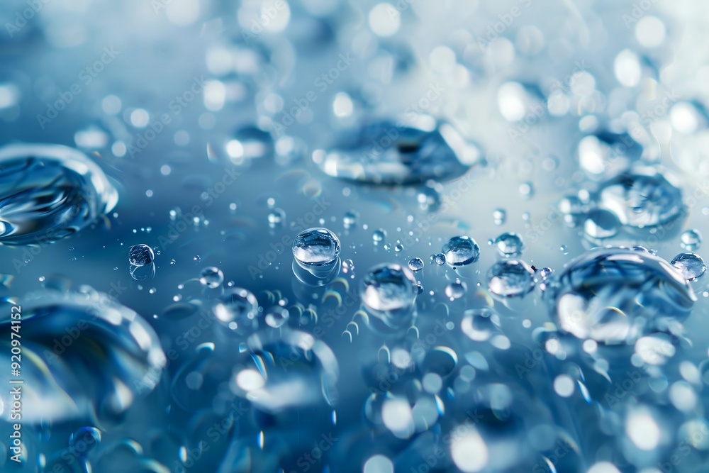 Ultra-Realistic Rendering of Transparent Water Droplets Reflecting Their Surroundings on a Blue Background, Close Up Ultra-Realistic Rendering of Transparent Water Droplets Reflecting Their Surroundings on a Blue Background, Close Up