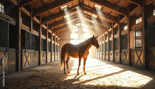 Racehorse stands alone on a horse farm with an open back gate at sunset.

