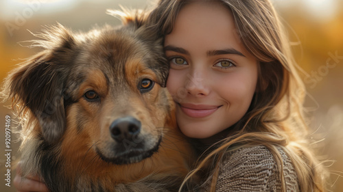 A girl hugs a dog in the park playing and having fun.