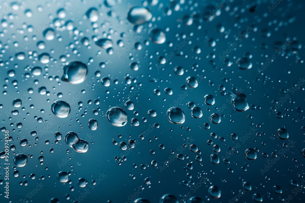 Ultra-Realistic Rendering of Transparent Water Droplets Reflecting Their Surroundings on a Blue Background, Close Up Ultra-Realistic Rendering of Transparent Water Droplets Reflecting Their Surroundings on a Blue Background, Close Up