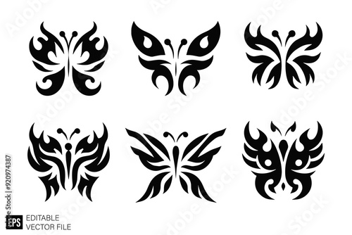 tribal butterfly tattoo Black and White Vector Silhouette Illustrations Clip Art Graphic Design Elements