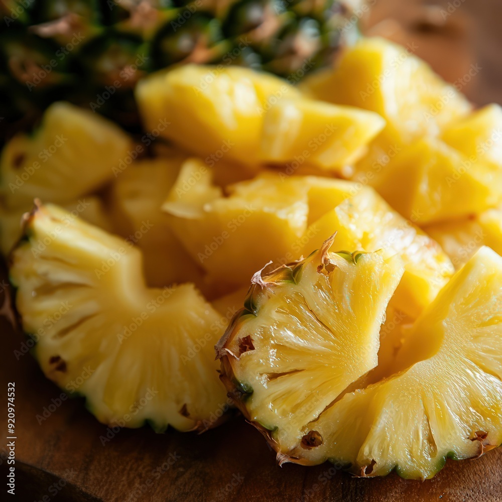 Closeup of Sliced Fresh Yellow Pineapple on Wooden Board Closeup of Sliced Fresh Yellow Pineapple on Wooden Board