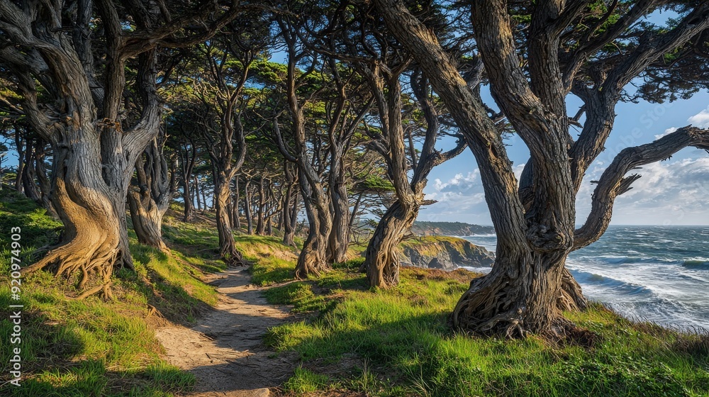 A serene coastal pathway lined with majestic trees, inviting nature lovers to explore the beauty of the ocean and forest.