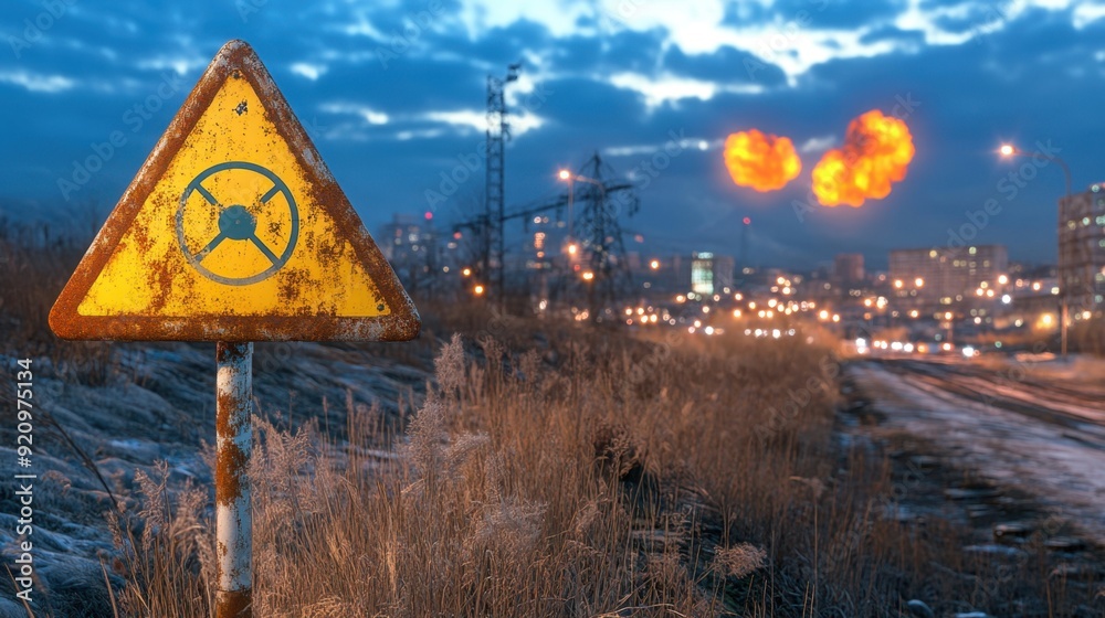 Fototapeta premium A rusted radiation warning sign with a dystopian city skyline in the background, glowing radioactive clouds,