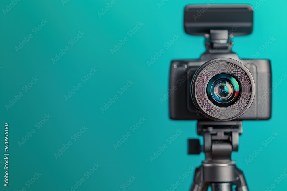 Close-up of a digital camera on a tripod against a turquoise background, showcasing graphy equipment and technology.