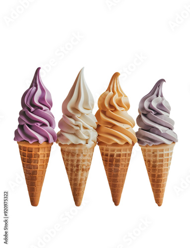 set of different colored vanilla cone ice cream Isolated on a white background.