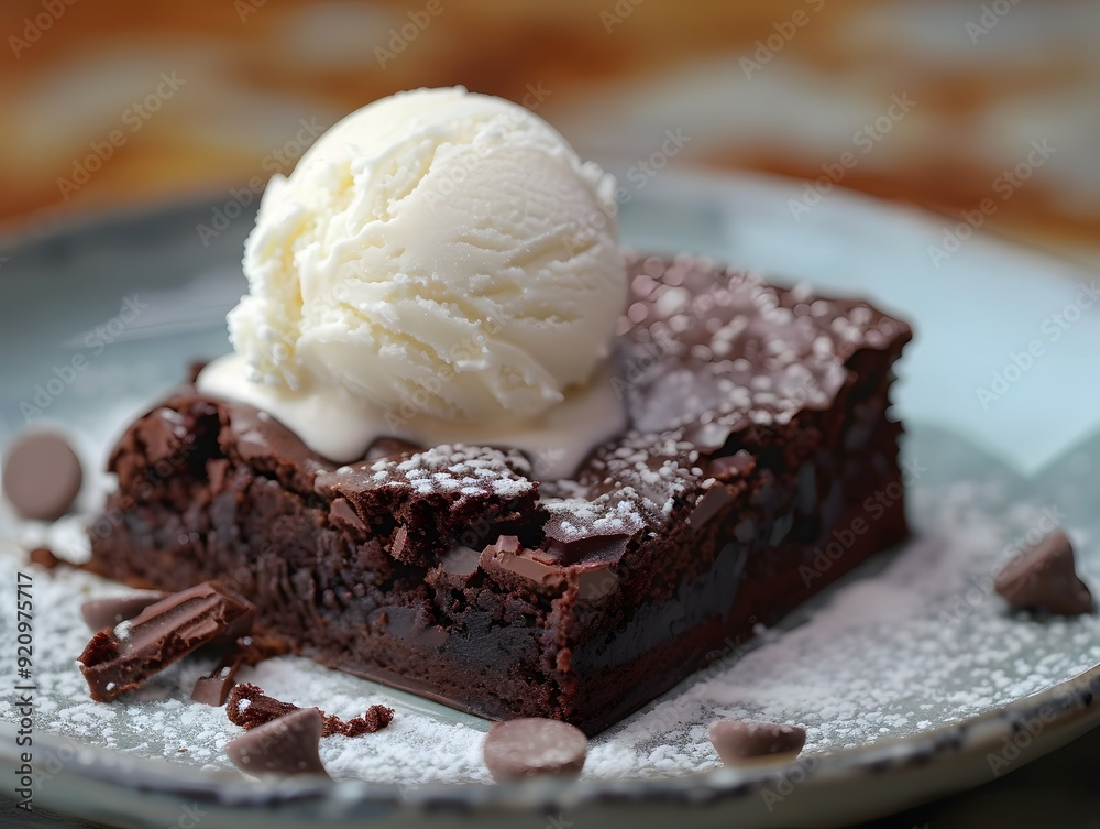 A Close-up of a Chocolate Brownie with Vanilla Ice Cream and Chocolate Chips