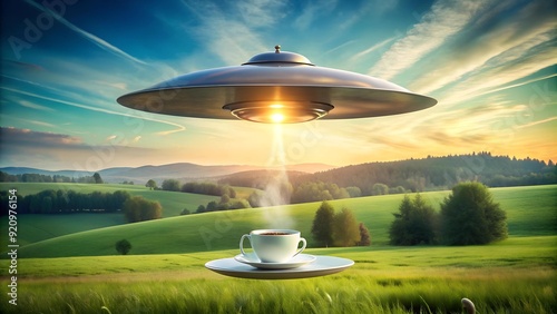 Cosmic Coffee Break: A Gleaming UFO Hovering Above a Verdant Landscape  AI generated photo