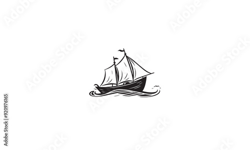 Simple Sailboat dhow boat ship on Sea Ocean Wave with Doodle black line art style for Sailing Travel Transport logo design white background