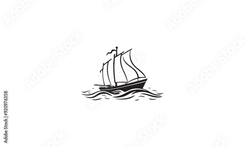 Simple Sailboat dhow boat ship on Sea Ocean Wave with Doodle black line art style for Sailing Travel Transport logo design white background
