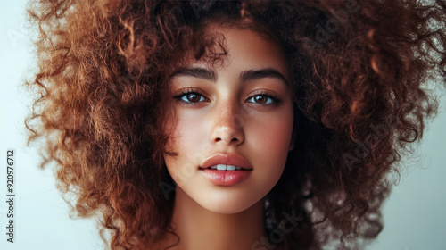 Portrait of Woman with Freckles and Curly Red Hair Looking Intently at Camera