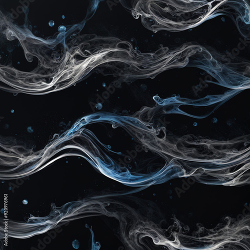 Abstract aesthetic black background with splashes of blue and white ink forming a current of waves | Variant 4
