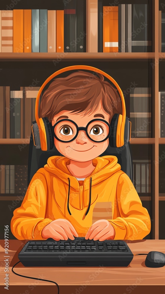 Young Boy Wearing Headphones Typing on a Keyboard. Young Boy Wearing Headphones Typing on a Keyboard.