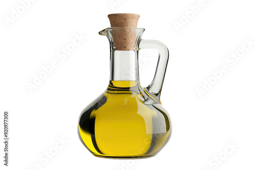 Elegant glass oil bottle with cork stopper isolated on transparent background