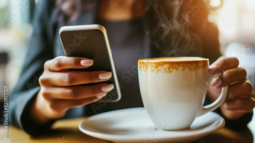 Woman Texting on Smartphone with Coffee Cup in Café