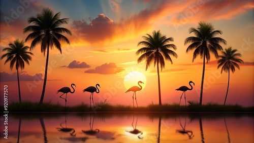 A Captivating Silhouette of Flamingos and Palm Trees at Sunset  AI Generated