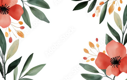 Beautiful watercolor floral frame featuring red and orange flowers with green leaves on a white background. Perfect for invitations and cards.