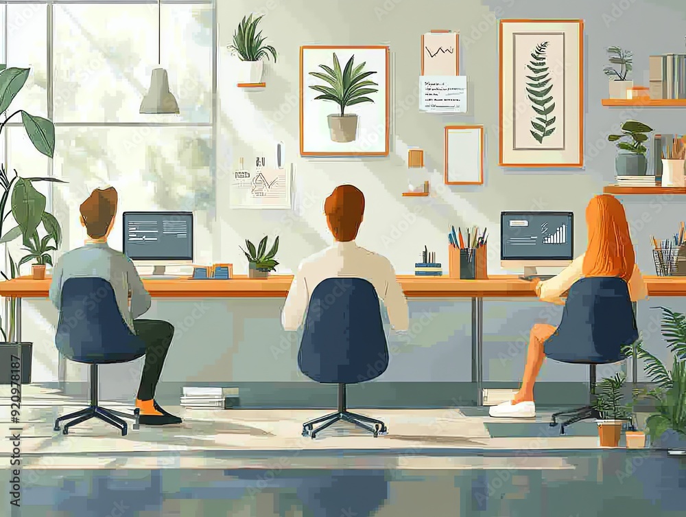 Three people working at a desk in a modern office. Three people working at a desk in a modern office.
