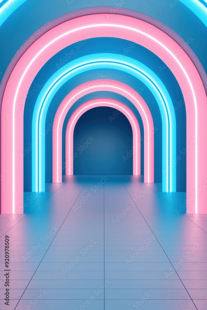 Futuristic neon archway with vibrant blue and pink lights illuminating a sleek, modern pathway, creating a sci-fi atmosphere and sense of endless direction. Futuristic neon archway with vibrant blue and pink lights illuminating a sleek, modern pathway, creating a sci-fi atmosphere and sense of endless direction.