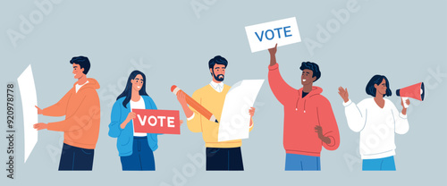 Different people holding posters, loudspeaker and fill out voting forms calling to vote in election day	