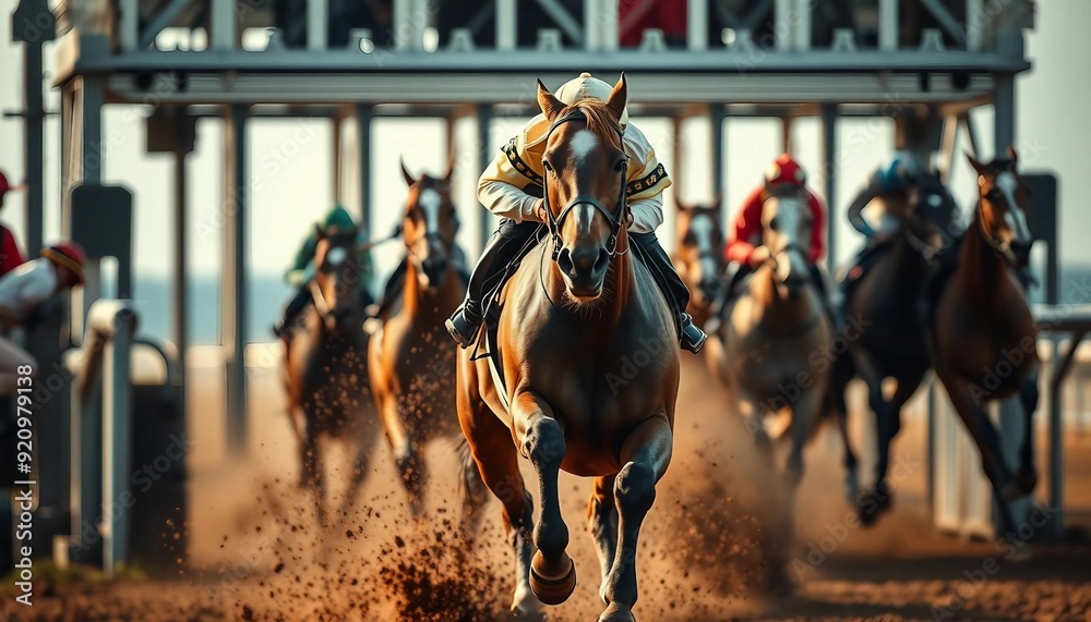 A horse race portrait from the starting gate shows the lead horse bursting out, dirt flying, and jockeys in focus, conveying excitement. A horse race portrait from the starting gate shows the lead horse bursting out, dirt flying, and jockeys in focus, conveying excitement.