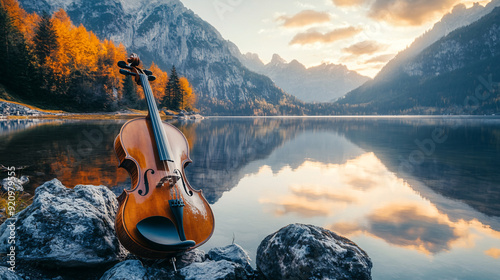 Fototapeta Naklejka Na Ścianę i Meble -  A double bass rests on a wooden dock at sunset, with a beautiful lake and mountains in the background.