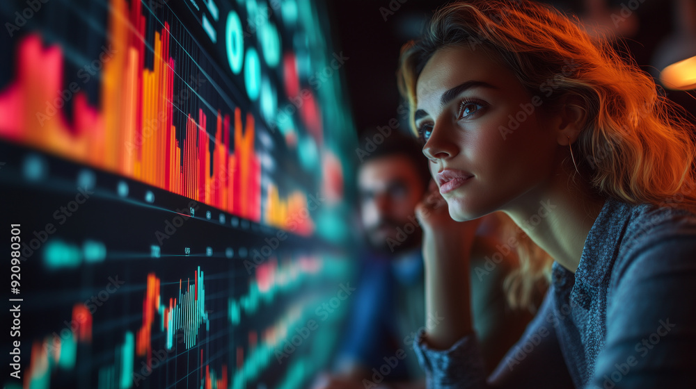A business team working on project analytics, with graphs and data visualizations projected onto the walls of their office A business team working on project analytics, with graphs and data visualizations projected onto the walls of their office