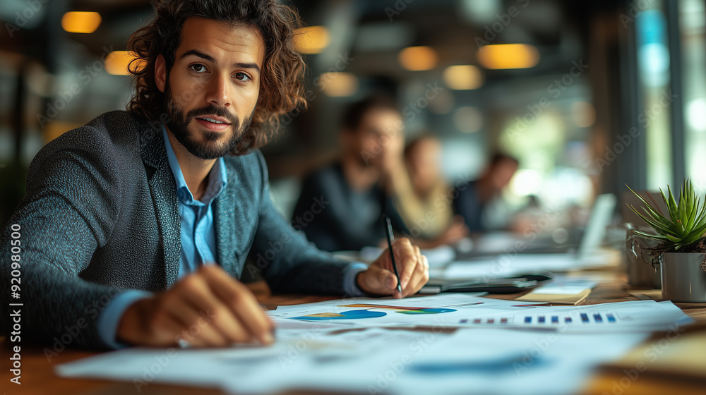 Business analysts reviewing financial reports and compiling statistics in an open-plan office with collaborative desks Business analysts reviewing financial reports and compiling statistics in an open-plan office with collaborative desks