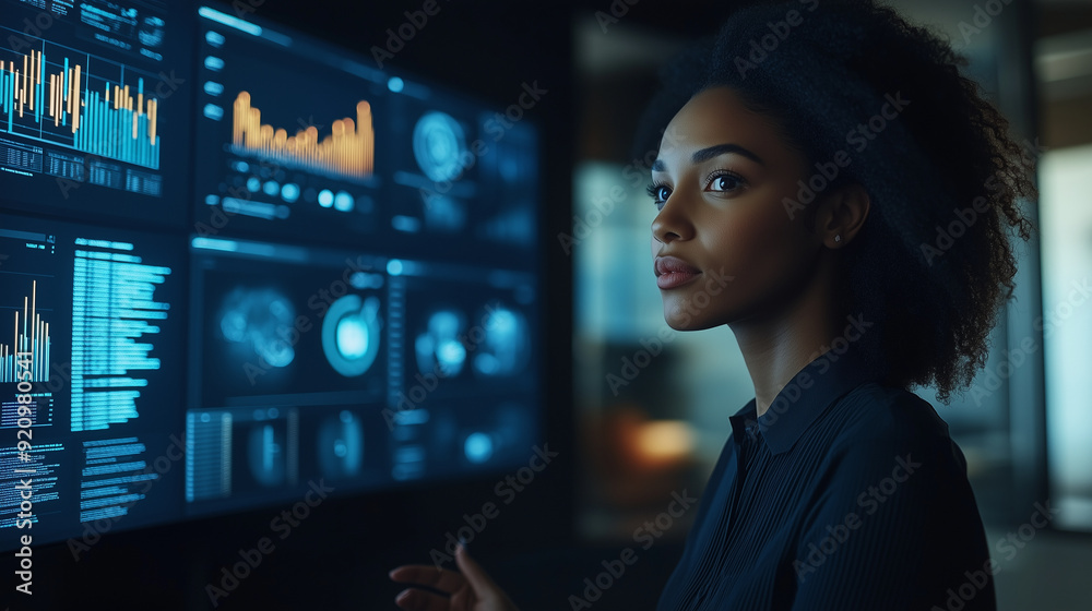 Business team in a video conference call, with various graphs and charts on the screen, discussing the next steps in their project Business team in a video conference call, with various graphs and charts on the screen, discussing the next steps in their project