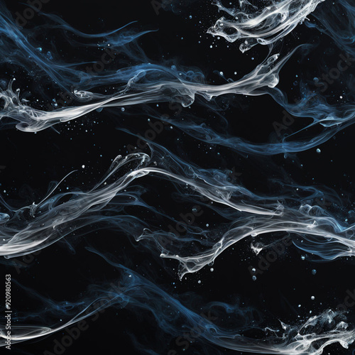 Abstract aesthetic black background with splashes of blue and white ink forming a current of waves | Variant 6