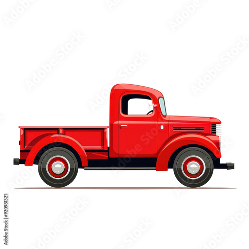 Red vintage pickup truck isolated on white background.