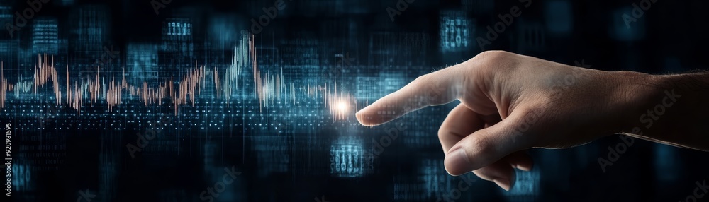 © tinnakorn - A close-up of a finger interacting with digital data, representing technology, innovation, and data analysis. © tinnakorn - A close-up of a finger interacting with digital data, representing technology, innovation, and data analysis.
