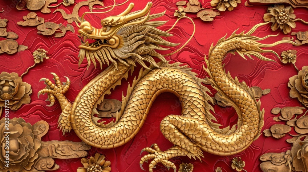 Chinese New Year. Dragon gold decoration on red background. Copy space Chinese New Year. Dragon gold decoration on red background. Copy space
