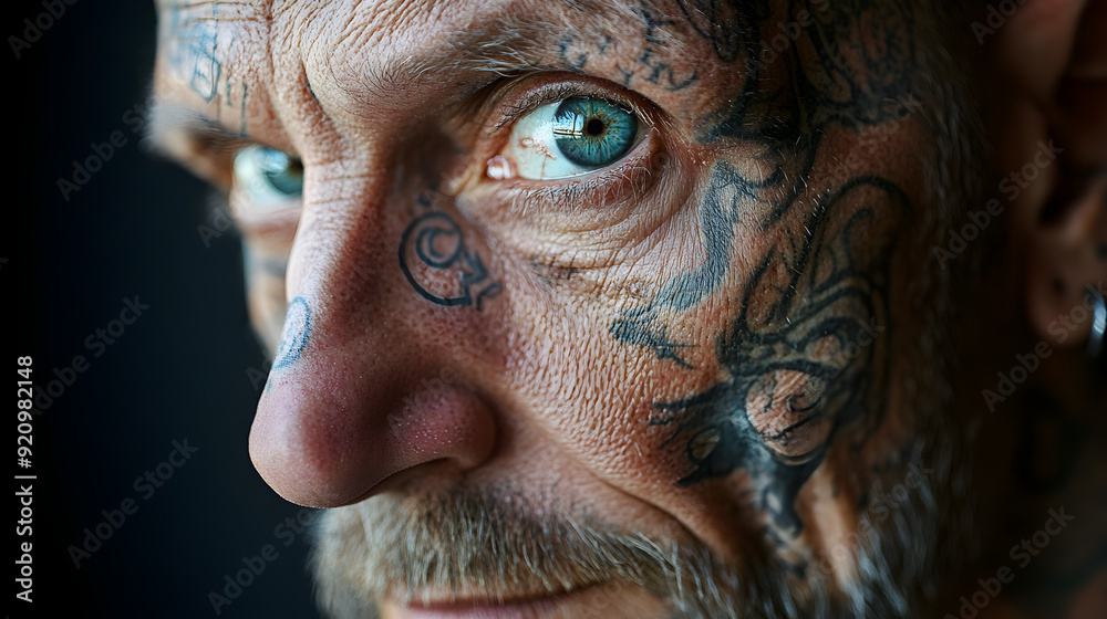 A series of close-up portraits of tattooed individuals, with the focus on their inked skin and the stories their tattoos tell.
A series of close-up portraits of tattooed individuals, with the focus on their inked skin and the stories their tattoos tell.