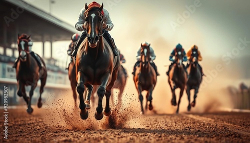 Cross view of horses racing closely in the hippodrome.