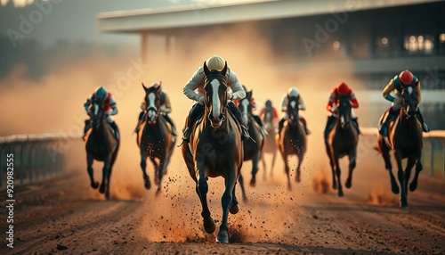 Cross view of horses racing closely in the hippodrome.