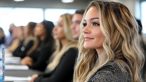 Wallpaper Mural A young woman with long blonde hair smiles as she sits in a conference room.  She is listening attentively to a presentation. Torontodigital.ca