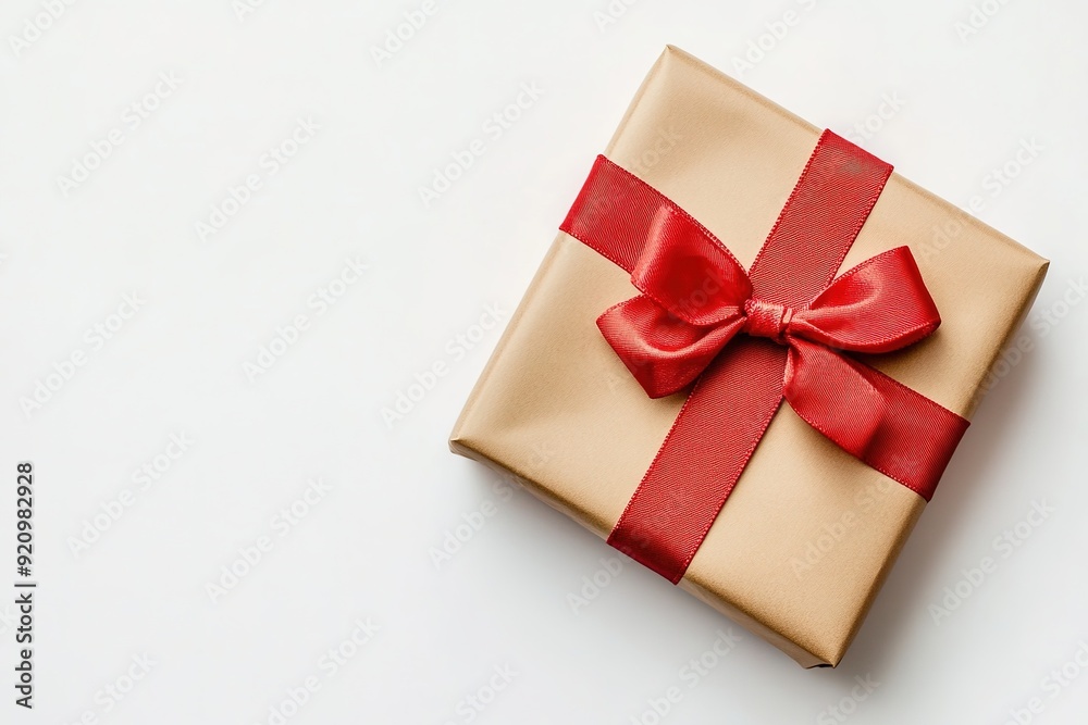 Gift box with red ribbon on white background, top view Gift box with red ribbon on white background, top view