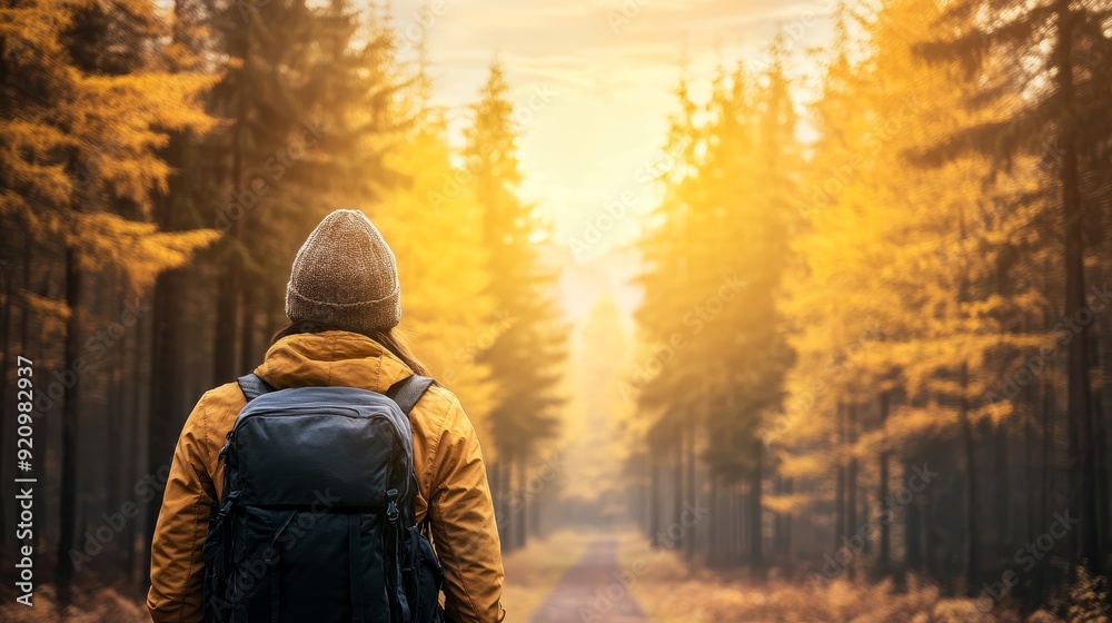 A lone hiker with a backpack walks through a golden forest path at sunset. The sun glows through the trees, creating a warm and inviting atmosphere. A lone hiker with a backpack walks through a golden forest path at sunset. The sun glows through the trees, creating a warm and inviting atmosphere.