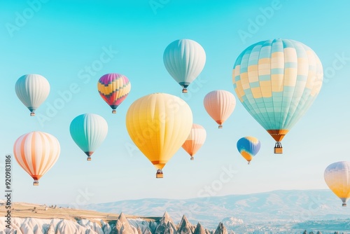 Multicolored hot air balloons drifting over a rocky landscape with a clear turquoise sky, creating a dreamy and adventurous scene. photo