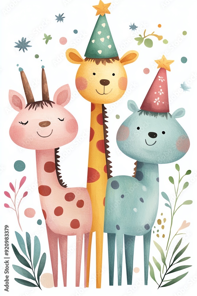 Naklejka premium Colorful cartoon animals wearing party hats, perfect for children's celebrations and playful decor.