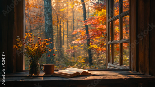 autumn forest view from a cozy cabin window photo