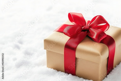 Gift box with red ribbon on snowy background